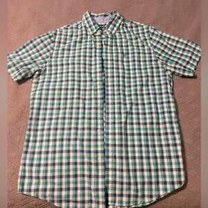 Chaps short sleeve button down green/white/grey plaid easy care Sz. Medium